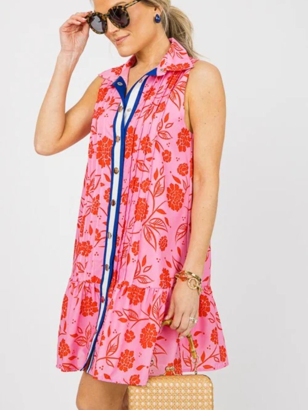THML Stripe Trim Button Up Flower Dress - Picture 3 of 6